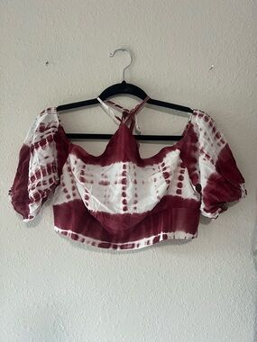 SHEIN Burgundy and White Tie-Dye Off-Shoulder Crop Top